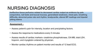 NURSING DIAGNOSIS
Assessment –
• Assess patient’s pain for intensity, location and precipitating factors.
• Assess the response to medications every 5 minutes
• Assess results of cardiac markers- creatinine phosphokinase, CK-MB, total LDH,
troponin, and myoglobin ordered by physician.
• Monitor cardiac rhythms on patient monitor and results of 12 lead ECG.
Ineffective tissue perfusion related to decreased cardiac output as evidence by pale
conjunctiva, nail beds and buccal mucosa, generalized weakness, chest pain, breathing
difficulty, abnormal pulse rate and rhythm, bradycardia, altered BP readings and bipedal
pitting edema
 