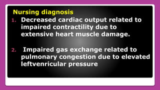 Nursing diagnosis
1. Decreased cardiac output related to
impaired contractility due to
extensive heart muscle damage.
2. Impaired gas exchange related to
pulmonary congestion due to elevated
leftvenricular pressure
 