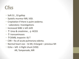 Cfxs
• Soft S1 , S3 gallop
• Systolic murmur MR, VSD.
• Crepitation if there is pulm oedema.
• Laboratory Investigations
• Increased WBC ± left shift
• ↑ Urea & creatinine , ↓ HCO3
• ↑ transaminases
• ↑CKMB, troponin I & T
• CXR – fxs of acute pulmonary edema.
• Normal heart size - !st MI, Enlarged – previous MI
• Echo – left → Right shunt (VSD)
AR, Tamponade, MR
 