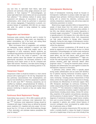vary over time. In right-sided heart failure, right atrial
pressures and pulmonary artery wedge pressures are poor
predictors of ﬂuid response.15,35
Echocardiography can
assess right-sided heart volume status and rule out pericardial
ﬂuid collection.15
The deﬁnitive method of volume status
assessment and adequacy of resuscitation is right heart
catheterization, which should be performed in conjunction
with coronary angiography. If hypovolemia is present, con-
servative boluses of crystalloids (250–500 mL) are reason-
able while the patient is being stabilized for cardiac
catheterization.
Oxygenation and Ventilation
Continuous pulse oximetry should be used to monitor for
respiratory compromise. Oxygen goals vary depending on
patient comorbidities, but in the acute care setting blood
oxygen saturations of 90% are acceptable.
When non-invasive forms of oxygenation and ventilation
are inadequate, invasive ventilation is required. Low tidal
volumes (5–7 mL/kg of ideal body weight) used in the
management of acute respiratory distress syndrome are
considered lung protective and decrease the incidence of RVF
from 60% to 25% in this cohort of patients.36
Low tidal
volumes optimize blood ﬂow between the pulmonary and
parenchymal vasculature. The decreased resistance in the
pulmonary circuit lowers stress on the RV, compared with
higher tidal volumes. Therefore, a low tidal volume strategy is
recommended when mechanically ventilating patients in CS.
Vasopressor Support
Vasopressors (Table 2) should be titrated to a mean arterial
pressure with a typical goal of 65 mm Hg. Vasopressin has
less pulmonary vasoconstriction than norepinephrine; and
may be more beneﬁcial as a ﬁrst-line vasopressor in patients
with CS with acute RVF.37
Pulmonary vasoactivity can be
modiﬁed by inodilators, phosphodiesterase III inhibitors, or
nitric oxide (Table 3). When using these agents invasive blood
pressure monitoring is required as they can rapidly induce
hypotension.
Continuous Renal Replacement Therapy
Acute kidney injury occurs in 13% to 28% in patients with CS,
and 20% will require continuous renal replacement ther-
apy.1,38,39
Continuous renal replacement therapy should be
considered with stage 2 kidney injury as deﬁned by elevated
serum creatinine (≥29 baseline) and urine output 0.5 mL/
kg per hour for ≥12 hours; or when life-threatening changes
in ﬂuid, electrolyte, and acid-base balance precipitates the
need for dialysis.40
Hemodynamic Monitoring
Goals of hemodynamic monitoring should be focused on
hemodynamic modiﬁcation to produce stable vital signs and
adequate tissue perfusion. Continuous blood pressure mon-
itoring with an arterial line, telemetry, continuous pulse
oximetry, temperature, respiratory rate, and urinary output are
rudimentary parameters to monitor.
Mixed venous oxygen saturation (SvO2) is measured from a
sample of blood drawn from the central venous system,
ideally from the distal port of a pulmonary artery catheter. A
low SvO2 may indicate reduced CO, anemia, hypoxemia, or
increased oxygen consumption.41
A reduced SvO2 saturation
is typically present in CS; however, this is also often the case
in hypovolemic and obstructive shock. SvO2 measurement
can help assess response to therapy when measured
frequently. During the early stages of hemodynamic monitor-
ing, SvO2 measurements should be drawn every 4 hours after
central line placement.
Common structural complications of MI should be sus-
pected by appearance of a new systolic murmur on clinical
examination. Echocardiography can conﬁrm early mechanical
complications such as papillary muscle rupture, ventricular
septal defect, and free wall rupture, which present most
frequently within 24 hours of hospitalization.42,43
Right ven-
tricular free wall hypertrophy indicates long term right-sided
pressure elevation, while right ventricular dilation offers
prognostic values.15,44
During the treatment phase, echocar-
diography and catheterization are used together to assess the
hemodynamic response to intervention.
A pulmonary artery catheter (PAC) is typically placed
during cardiac catheterization and can assist with identiﬁca-
tion of patients requiring mechanical circulatory support. It
often remains in place thereafter for continuous hemody-
namic monitoring—including precise measurements of ﬂuid
states, central venous oxygen saturation, response to therapy,
and indicates the effectiveness of ventricular support. PACs
offer therapeutic advantages via continuous monitoring of
cardiac output during inotrope and pulmonary artery vasodila-
tor titration.15,45
This intervention is helpful because patient
response to mechanical circulatory support is dependent on
several factors including volume status, intrinsic RV contrac-
tility, properties of the systemic and pulmonary vasculature,
and the presence of valvular lesions.46
PACs can also aid the
diagnosis of mechanical circulatory support device complica-
tions such as pump thrombosis.46
Pump thrombosis should
be suspected in patients who exhibit clinical features of
recurrent cardiogenic shock accompanied by sudden eleva-
tion of pulmonary artery or PCWP.
Despite its more precise measurements, PAC use does not
confer a mortality beneﬁt or reduce the length of intensive
care unit or hospital stays. In fact its use in the critically ill has
DOI: 10.1161/JAHA.119.011991 Journal of the American Heart Association 5
CGS Vahdatpour et al
CONTEMPORARYREVIEW
 