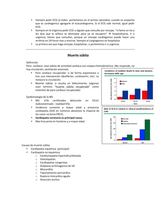 • Siempre!pedir!ECG!(a!todos!!porlomenso!en!el!primer!episodio),!cuando!se!sospecha!
que!es!cardiogenico!agregarle!el!ecocardiograma.!Si!el!ECG!sale!normal,!igual!pedir!
ECO.!!
• Siempre!en!la!Urgencia!pedir!ECG!a!alguien!que!consulte!por!sincope.!“si!llama!un!tio!y!
les! dice! que! la! señora! se! desmayor! pero! ya! se! recupero”! !! hospitalizarse,! ir! a!
urgencia,! tienen! que! consultar,! porque! un! sincope! cardiogenico! puede! hacer! una!
arritmia!en!24!horas!mas!y!morirse.!Siempre!el!cargiogenico!se!hospitaliza!!
• La!primera!vez!que!haga!sincope,!hospitalizar,!o!porlomenos!ir!a!urgencia.!!
!
!
Muerte(súbita(
!
Definición!
Paro!!cardiaco:!cese!súbito!de!actividad!cardiaca!con!colapso!hemodinámico.!(No!responde,!no!
hay!circulación,!ventilación!anormal).!
• Paro! cardiaco! recuperado:! si! de! forma! espontanea! o!
tras!una!intervención!(desfibrilar,!cardiovertir,!etc)!!se!
restaura!la!circulación.!
• Muerte! súbita:! si! resulta! en! fallecimiento.! (algunos!
usan! termino! “muerte! súbita! recuperada”! como!
sinónimo!de!paro!cardiaco!recuperado)!!
!
Epidemiología!de!la!MS!
• MS:! 15%! certificados! defunción! en! EEUU!
(sobreestimado!P!realidad!5%).!
• incidencia! aumenta! a! mayor! edad! y! presencia!
cardiopatía! (OJO! en! números! absolutos! la! mayoría! de!
los!casos!no!tenia!FRCV).!
• Cardiopatía(coronaria(es(principal(causa.!
• Mas!frecuente!en!hombres!y!a!mayor!edad!
!
!
!
!
!
!
Causas!de!muerte!súbita!
• Cardiopatía!isquémica!!(principal)!
• Cardiopatía!no!isquémica!!
o Cardiomiopatía!hipertofica/dilatada!
o Valvulopatías!!
o Cardiopatias!congenitas!
o Dislplasia!arritmogenica!de!VD!
o Miocarditis!
o Taponamiento!pericardico!
o Ruptura!miocardica!aguda!
o Disección!aortica!
 