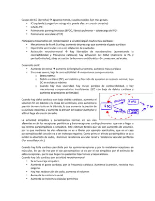 Causas!de!ICC!(derecha)!!!aguanta!menos,!claudica!rápido.!Son!mas!graves.!!
• IC!izquierda!(congestion!retrograda,!puede!afectar!corazón!derecho)!
• Infarto!VD!
• Pulmonares!parenquimatosas!(EPOC,!fibrosis!pulmonar!–!sobrecarga!del!VD)!
• Pulmonares!vasculares!(TEP)!
!
Principales!mecanismos!de!compensación!a!la!sobrecarga/!insuficiencia!cardiaca:!
• Mecanismos!de!Frank!Starling:!aumento!de!precarga!que!aumenta!el!gasto!cardiaco!
• Hipertrofia!ventricular:!con!o!sin!dilatación!de!cavidades!
• Activación! neurohormonal! !! hay! liberación! de! noradrenalina! (aumentando! la!
contractibilidad! y! frecuencia! cardiaca);! hay! activación! del! SRAA! (mantiene! la! PA! y!
perfusión!tisular);!y!hay!actuación!de!hormona!antidiurética!!!consecuencias!letales.!!
!
Desarrollo!de!IC!
• Aumento!de!stress!!!aumento!de!longitud!sarcomero,!aumento!masa!cardiaca!
• Si!es!mas!severo,!baja!la!contractibilidad!!!mecanismos!compensatorios:!
o Stress!normal!
o Debito!cardiaco!(DC),!vol!sistólico!y!fracción!de!eyeccion!en!reposos!normal,!baja!
DC!en!esfuerzo!máximo!
o Cuando! hay! mas! severidad,! hay! mayor! perdida! de! contractibilidad,! y! hay!
mecanismos! compensatorios! insuficientes! (ICC! con! baja! de! debito! cardiaco! y!
aumento!de!presiones!de!llenado)!
!
Cuando!hay!daño!cardiaco!con!bajo!debito!cardiaco,!aumenta!el!
volumen!fin!de!diástole!y!la!masa!del!ventrículo,!esto!aumenta!la!
presión!de!ventrículo!en!la!diástole,!lo!que!aumenta!la!presión!de!
la!aurícula!izquierda,!y!aumenta!la!presión!del!capilar!pulmonar!y!
al!final!llega!al!corazón!derecho!
!
La! actividad! simpática! y! parasimpática! normal,! en! sus! vías!
aferentes!están!los!receptores!periféricos!y!barorreceptores!cardiopulmonares!!que!van!a!llegar!a!
los!centros!parasimpáticos!o!simpático.!Este!estimulo!tendrá!que!ver!con!aumentos!de!volumen,!
por! lo! que! mediante! las! vías! eferentes! se! va! a! liberar! por! ejemplo! acetilcolina,! que! en! el! caso!
parasimpático!del!corazón!va!a!ser!inotropo!negativo.!Como!prima!el!efecto!parasimpático!se!va!a!
inhibir!la!absorción!de!sodio,!!disminuir!resistencia!vascular!renal!y!resistencia!vascular!periférica!
(Por!vasodilatación.)!!
!
Cuando!hay!falla!cardiaca!percibida!por!los!quimiorreceptores!y!por!lo!metabarorreceptores!en!
músculos.!En!vez!de!irse!por!el!eje!parasimpático!se!va!por!el!eje!simpático!por!el!estímulo!de!
estos!receptores,!por!lo!que!llegan!los!pacientes!hipertensos!y!taquicardicos.!!
Cuando!hay!falla!cardiaca!con!actividad!neurohormonal!
• Se!activa!el!eje!simpático!
• Aumenta!el!gasto!cardiaco,!por!la!frecuencia!cardiaca.!Aumenta!la!presión,!necesita!mas!
oxigeno.!!
• Hay!mas!reabsorción!de!sodio,!aumenta!el!volumen!!
• Aumenta!la!resistencia!renal!
• Aumenta!la!resistencia!vascular!periférica!
 