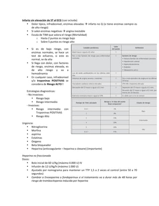 Infarto*sin*elevación*de*ST*al*ECG!(casi!ocluida)!
• Dolor!típico,!infradesnivel,!enzimas!elevadas!"!infarto!no!Q!(si!tiene!enzimas!siempre!es!
de!alto!riesgo)!
• Si!salen!enzimas!negativas!"!angina!inestable!
• Escala!de!TIMI!que!valora!el!riesgo!(Mortalidad)!
o Hasta!2!puntos!es!riesgo!bajo!
o Sobre!5!puntos!es!riesgo!alto!
!
• Si! es! de! bajo! riesgo,! con!
enzimas! normales,! se! hace! un!
test! de! esfuerzo,! si! este! es!
normal,!se!da!alta!!
• Si!llega!con!dolor,!con!factores!
de! riesgo,! enzimas! elevada,! es!
de! alto! riesgo! y! va! a!
hemodinamia!
• En!cualquier!caso,!infradesnivel!
y/o! troponinas* POSITIVAS! se!
considera!de!Riesgo*ALTO*!!
!
Estrategias!diagnosticas:!
Z!No!invasivas:!! !
• Riesgo!bajo!
• Riesgo!Intermedio!
Z!Invasivas:!!!
• Riesgo! intermedio! con!
Troponinas!POSITIVAS!
• Riesgo!Alto!
!
Urgencia:!
• Nitroglicerina!
• Morfina!!
• aspirina!
• Estatinas!
• Oxigeno!
• Beta!bloqueador!
• Heparina!(anticoagulante!–!heparina!o!clexane)!(importante)!
!
Heparina)no)fraccionada)
Dosis:!
• Bolo!inicial!de!60!U/Kg!(máximo!4.000!U)!IV!
• Infusión!de!12!U/Kg/h!(máximo!1.000!U)!!
• Ajustado!por!nomograma!para!mantener!un!TTP!1,5!a!2!veces!el!control!(entre!50!a!70!
segundos)!
• Cambiar)a)Enoxaparina)o)fondaparinux)si)el)tratamiento)va)a)durar)más)de)48)horas)por)
riesgo)de)trombocitopenia)inducida)por)heparina!
!
 