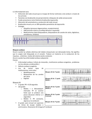 6.!Enfermedad!del!seno!
• Disfunción!del!nodo!sinusal!que!es!incapaz!de!formar!estímulos!o!de!conducir!a!través!de!
las!aurículas!
• Pacientes!con!bradicardia!sinusal!persistente!o!bloqueos!de!salida!senoaruciular!
• Puede!presentarse!como!Síndrome!bradicardiaHtaquicardia!
• Alteración!del!automatismo!y!conducción!del!nodo!sinusal!
• Bradicardia!sinusal!y!en!un!30%!episodios!paroxísticos!de!taquicardia!!
• Etiología!
o Idiopática!(procesos!degenerativos,!envejecimiento)!
o IAM!(oclusión!arteria!circunfleja!derecha!o!izquierda)!
o Medicamentos!(beta!bloqueadores,!bloqueadores!de!canales!de!calcio,!digitalicos,!
amiodarona,!clinidina)!
!
!
Bloqueo)cardiaco)
Ocurre!cuando!las!señales!eléctricas!del!nódulo!sinoauricular!son!demasiado!lentas.!No!significa!
que! la! sangre! esté! bloqueada! en! el! corazón.! Traduce! un! trastorno! en! la! conduccion! de! los!
impulsos,!!a!distintos!!niveles!del!sistema!excito!conductor.!
Ocurre!cuando!hay!enfermedad!cardiaca!subyacente!
Causas:!
• Enfermedad!cardiaca!(!infarto!de!miocardio!,!insuficiencia!cardiaca!congestiva!,!problemas!
con!las!válvulas!y!endocarditis!)!
• Defecto!cardiaco!congénito!
• Uso! de! ciertos! tipos! de!
medicamentos,!entre!ellos:!
o Betabloqueantes!!
o Bloqueantes! de! los! canales!
del!calcio!!
o Digitalis!
!
Bloqueo!AV!
• 1r!grado:!PR!>!0.20!segundos!!
• 2do!grado:!!
o Mobitz! I! o! Wenckebach:!
intervalos! PP! se! acortan!
hasta! que! se! produce! una!
pausa! (duracion! inferior! a! 2!
segundos)!
o Mobitz! II:! PR! constante,!
algunas!p!no!conducen!
• 3r!grado:!paro!sinusal!con!aparicion!
de! ritmos! de! escape! nodales! o!
ventriculares.!Disociacion!AV!(ninguna!P!conduce)!
 