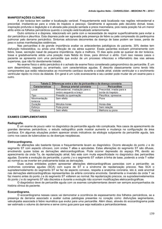 Arlindo Ugulino Netto – CARDIOLOGIA – MEDICINA P6 – 2010.1
159
MANIFESTAÇÕES CLÍNICAS
A dor torácica tem caráter e localização variável. Frequentemente está localizada nas regiões retroesternal e
precordial, irradiando-se para a crista do trapézio e pescoço. Geralmente é agravada pelo decúbito dorsal, tosse,
inspiração profunda e deglutição e é aliviada pela posição sentada e prece maometana, pois nesta posição há um menor
atrito entre os folhetos pericárdicos quando o coração está localizado anteriormente.
Outro sintoma é a dispneia, relacionado em parte com a necessidade de respirar superficialmente para evitar a
dor pericárdica e pleurítica. Esta dispneia pode ser agravada pela presença de febre ou pela compressão do parênquima
pulmonar pelo derrame pericárdico. Sintomas adicionais decorrentes da doença de base podem ser tosse, perda de
peso e outras manifestações sistêmicas.
Nas pericardites é de grande importância avaliar os antecedentes patológicos do paciente, 30% destes tem
disfunção holosistólica, ou ainda uma infecção de via aérea superior. Esses pacientes evoluem primeiramente com
febre, tosse, secreção nasal de pequena importância. Após a melhora, 15 dias após pode se queixar de dor torácica,
tosse e gradativamente adota uma posição mais fletida do tórax, para diminuir o atrito. Com isso nesses casos o
paciente se apresenta com uma pericardite que evolui de um processo infeccioso e inflamatório das vias aéreas
superiores, que não foi devidamente tratado.
No exame físico o atrito pericárdico é o achado de exame físico considerado patognomônico da pericardite. É um
som desarmônico, raspado ou arranhado, com características agudas. É descrito classicamente como tendo três
componentes que estão relacionados ao movimento cardíaco durante a sístole atrial, sístole ventricular e o enchimento
ventricular rápido no início da diástole. Em geral é um ruído evanescente e seu caráter pode mudar de um exame para o
outro.
EXAMES COMPLEMENTARES
Radiografia.
É um exame de pouco valor no diagnóstico da pericardite aguda não complicada. Nos casos de aparecimento de
grandes derrames pericárdicos, o estudo radiográfico pode mostrar aumento e mudança na configuração da área
cardíaca. Em algumas situações podem aparecer sinais indicativos da etiologia subjacente da pericardite aguda, tais
como nos casos de tuberculose ou de doenças neoplásicas.
Eletrocardiograma.
As alterações são bastante típicas e frequentemente levam ao diagnóstico. Ocorre elevação do ponto J e do
segmento ST com aspecto côncavo, com ondas T altas e apiculadas. Estas alterações do segmento ST são difusas,
envolvendo quase todas as derivações eletrocardiográficas. Pode ocorrer depressão do espaço PR, devido ao
aparecimento da onda Ta, de repolarização atrial, fato este com muita especificidade no diagnóstico das pericardites
agudas. Durante a evolução da pericardite, o ponto J e o segmento ST voltam à linha de base, podendo a onda T voltar
ao normal ou se inverter em praticamente todas as derivações.
Duas outras entidades podem apresentar alterações eletrocardiográficas parecidas com a pericardite: as
síndromes coronárias agudas (SCA) com supra de ST e a síndrome de repolarização precoce. Nas SCA o
supradesnivelamento do segmento ST se faz de aspecto convexo, respeita a anatomia coronária, isto é, está anormal
nas derivações eletrocardiográficas representantes da artéria coronária envolvida. Geralmente a inversão da onda T se
faz mesmo antes do ponto J e do segmento ST voltarem ao normal. Na repolarização precoce, os supradesnivelamentos
do ponto J e do segmento ST são discretos e durante a evolução não ocorrem modificações eletrocardiográficas.
O diagnóstico deve de pericardite aguda com os exames complementares devem ser sempre acompanhados da
história clínica do paciente.
Ecocardiograma.
O ecocardiograma nesses casos vai demonstrar a ocorrência de espessamento dos folhetos pericárdicos, se a
presença de derrame associado e avaliar outras patologias presentes no coração como: disfunções segmentares,
valvulopatia associada à febre reumática que evolui para uma pericardite. Além disso, através do ecocardiograma pode
ser estimado o volume do derrame e serve como guia para que seja realizada a pericardiocentese.
 