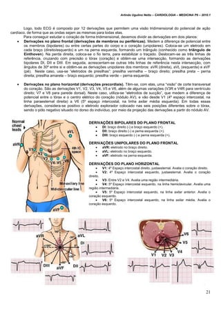 Arlindo Ugulino Netto – CARDIOLOGIA – MEDICINA P6 – 2010.1
21
Logo, todo ECG é composto por 12 derivações que permitem uma visão tridimensional do potencial de ação
cardíaco, de forma que as ondas sejam as mesmas para todas elas.
Para conseguir estudar o coração de forma tridimensional, devemos dividir as derivações em dois planos:
 Derivações no plano frontal (derivações de membros ou periféricas). Medem a diferença de potencial entre
os membros (bipolares) ou entre certas partes do corpo e o coração (unipolares). Coloca-se um eletrodo em
cada braço (direito/esquerdo) e um na perna esquerda, formando um triângulo (conhecido como triângulo de
Einthoven). Na perda direita, coloca-se o fio terra, para estabilizar o traçado. Deslocam-se as três linhas de
referência, cruzando com precisão o tórax (coração) e obtém-se uma intersecção, formando as derivações
bipolares DI, DII e DIII. Em seguida, acrescentam-se outras três linhas de referência nesta intersecção, com
ângulos de 30º entre si e obtêm-se as derivações unipolares dos membros: aVR (direita), aVL (esquerda) e aVF
(pé). Neste caso, usa-se “eletrodos de presilhas”: presilha vermelha – braço direito; presilha preta – perna
direita; presilha amarela – braço esquerdo; presilha verde – perna esquerda.
 Derivações no plano horizontal (derivações precordiais). Têm-se, com elas, uma “visão” de corte transversal
do coração. São as derivações V1, V2, V3, V4, V5 e V6, além de algumas variações (V3R e V4R para ventrículo
direito; V7 e V8 para parede dorsal). Neste caso, utiliza-se “eletrodos de sucção”, que medem a diferença de
potencial entre o tórax e o centro elétrico do coração (nódulo AV), e vão desde V1 (4º espaço intercostal, na
linha paraesternal direita) a V6 (5º espaço intercostal, na linha axilar média esquerda). Em todas essas
derivações, considera-se positivo o eletrodo explorador colocado nas seis posições diferentes sobre o tórax,
sendo o pólo negativo situado no dorso do indivíduo, por meio da projeção das derivações a partir do nódulo AV.
DERIVAÇÕES BIPOLARES DO PLANO FRONTAL
 DI: braço direito (-) e braço esquerdo (+).
 DII: braço direito (-) e perna esquerda (+).
 DIII: braço esquerdo (-) e perna esquerda (+).
DERIVAÇÕES UNIPOLARES DO PLANO FRONTAL
 aVR: eletrodo no braço direito.
 aVL: eletrodo no braço esquerdo.
 aVF: eletrodo na perna esquerda.
DERIVAÇÕES DO PLANO HORIZONTAL
 V1: 4º Espaço intercostal direito, justaesternal. Avalia o coração direito.
 V2: 4º Espaço intercostal esquerdo, justaesternal. Avalia o coração
direito.
 V3: Entre V2 e V4. Avalia uma região intermediária.
 V4: 5º Espaço intercostal esquerdo, na linha hemiclavicular. Avalia uma
região intermediária.
 V5: 5º Espaço intercostal esquerdo, na linha axilar anterior. Avalia o
coração esquerdo.
 V6: 5º Espaço intercostal esquerdo, na linha axilar média. Avalia o
coração esquerdo.
 