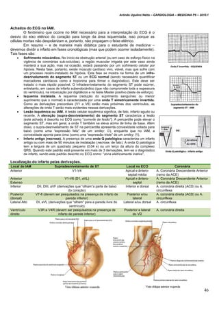 Arlindo Ugulino Netto – CARDIOLOGIA – MEDICINA P6 – 2010.1
46
Achados do ECG no IAM.
O fenômeno que ocorre no IAM necessário para a interpretação do ECG é o
desvio do eixo elétrico do coração para longe da área isquemiada, isso porque as
células mortas não despolarizam e, portanto, não propagam o feixe elétrico.
Em resumo – e de maneira mais didática para o estudante de medicina –
devemos dividir o infarto em fases cronológicas (mas que podem ocorrer isoladamente).
Tais fases são:
 Sofrimento miocárdico. No início da obstrução arterial (ou em caso de esforço físico na
vigência de coronárias sub-ocluídas), a região muscular irrigada por este vaso ainda
manterá a sua ação, mas na ocasião, estará passando por um sofrimento celular por
hipóxia. Nesta fase, portanto, existe músculo cardíaco vivo, viável, mas que sofre com
um processo recém-instalado de hipóxia. Esta fase se mostra na forma de um infra-
desnivelamento do segmento ST ou um ECG normal (sendo necessário quantificar
marcadores cardíacos como a troponina para firmar o diagnóstico). Este deve ser
tratado o mais rápido possível. O infradesnivelamento do segmento ST pode ocorrer,
entretanto, em casos de infarto subendocárdico (que não compromete toda a espessura
do ventrículo), na intoxicação por digitálicos e no teste Master positivo (teste de esforço).
 Isquemia instalada. A isquemia (redução do suprimento sanguíneo ou menor
suprimento que o normal) é caracterizada por uma onda T simetricamente invertida.
Como as derivações precordiais (V1 a V6) estão mais próximas dos ventrículos, as
alterações de onda T serão mais evidentes nessas derivações.
 Lesão isquêmica ou IAM. A lesão celular isquêmica significa, de fato, infarto agudo ou
recente. A elevação (supra-desnivelamento) do segmento ST caracteriza a lesão
(este achado é descrito no ECG como “corrente de lesão”). A pericardite pode elevar o
segmento ST, mas em geral, a onda T também se eleva acima de linha de base. Além
disso, o supra-desnivelamento de ST na pericardite apresenta convexidade voltada para
baixo (como uma “expressão feliz” de um smiley: ), enquanto que no IAM, a
convexidade aponta para cima (como uma “expressão triste” de um smiley: ).
 Infarto antigo (necrose). A presença de uma onda Q patológica caracteriza um infarto
antigo ou com mais de 90 minutos de instalação (necrose, de fato). A onda Q patológica
tem a largura de um quadrado pequeno (0,04 s) ou um terço da altura do complexo
QRS. Quando este padrão está presente em mais de 3 derivações, tem-se o diagnóstico
de infarto, sendo este padrão descrito no ECG como: “zona eletricamente inativa”.
Localização do infarto pelas derivações.
Local do IAM Supradesnivelamento de ST Local no ECO Coronária
Anterior V1-V4 Apical e ântero-
septal média
A. Coronária Descendente Anterior
(ramo da ACE)
Anterior
Extenso
V1-V6 (D1, aVL) Apical e ântero-
septal
A. Coronária Descendente Anterior
(ramo da ACE)
Inferior DII, DIII, aVF (derivações que “olham”a parte de baixo
do coração)
Inferior e dorsal A. coronária direita (ACD) ou A.
circunflexa
Posterior
(dorsal)
V7-8 (devem ser pesquisados na presença de infarto de
parede inferior)
Posterior e/ou
lateral
A. coronária direita (ACD) ou A.
circunflexa
Lateral Alto DI, aVL (derivações que “olham” para a parede livre do
ventrículo)
Lateral e/ou dorsal A. circunflexa
Ventrículo
direito
V3R e V4R (devem ser pesquisados na presença de
infarto de parede inferior)
Posterior e lateral
do VD
A. coronária direita
 