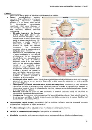 Arlindo Ugulino Netto – CARDIOLOGIA – MEDICINA P6 – 2010.1
91
ETIOLOGIA
A etiologia do edema agudo de pulmão é dividida da seguinte maneira:
 Causas hemodinâmicas: elevação
importante de pressão arterial (emergência
hipertensiva); insuficiência ventricular
esquerda (ICC por IAM ou angina instável
AI); comunicação interventricular;
insuficiência mitral aguda obstrução da
valva mitral (por estenose mitral ou mixoma
atrial esquerdo); arritmias cardíacas;
hipervolemia.
o Elevação importante da Pressão
arterial (PA): pode ocorrer como
consequência da elevação da pressão
diastólica final do ventrículo esquerdo,
sendo a causa mais comum do EAP.
Justifica-se o quadro hipertensivo
corroborando um EAP a partir do
acúmulo de líquido nos capilares
pulmonares, com consequente
congestão pulmonar e extravasamento
de líquidos para o interstício.
o Comunicação intraventricular (CIV):
O EAM consequente à CIV decorre,
principalmente, de um desequilíbrio
hemodinâmico entre as duas câmaras
cardíacas, na qual, o ventrículo
esquerdo passa a ter uma pressão
menor do que sua pressão fisiológica
normal e o ventrículo direito
apresentará uma pressão maior do que
sua pressão fisiológica normal. Desta
maneira, o aumento da pressão do
ventrículo direito é transmitido para a
circulação pulmonar, com consequente
aumento de pressão pulmonar e,
congestão do tecido pulmonar.
o Insuficiência mitral aguda: Ocorre comumente em situações pós-infarto (pelo rompimento dos músculos
papilares), em que se tem um aumento da pressão no átrio esquerdo, resultando em uma congestão
pulmonar retrógrada.
o Obstrução de valva mitral (estenose mitral, mixoma atrial esquerda): A obstrução da valva mitral pode
caracterizar o quadro de edema agudo de pulmão em diversas situações, a exemplificar na presença de
mixoma atrial esquerdo (tumor de células lisas) e, com isto, o sangue apresentará dificuldade para alcançar
o ventrículo, durante a diástole.
o Arritmias cardíacas: O quadro de EAP secundário às arritmias cardíacas ocorre nas situações de
taquiarritmias ventriculares e bradiarritmias.
o Hipervolemia: O mecanismo exato do quadro de EAP secundário à hipervolemia é dado pela dificuldade de
drenar a grande quantidade de líquido circulante, determinando também aumento da pressão diastólica final
que cursa com a congestão pulmonar.
 Permeabilidade capilar alterada: endotoxemia; infecção pulmonar; aspiração pulmonar; anafilaxia; Síndrome
de Desconforto Respiratório do Adulto; afogamento.
 Pressão oncótica plasmática reduzida: cirrose hepática avançada (hipoalbuminemia).
 Excesso de pressão intrapleural negativa: reexpansão de pneumotórax.
 Miscelânia: neurogênico (após trauma craniano); edema agudo de pulmão por altitude, embolia pulmonar.
.
 