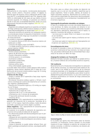 C a r d i o l o g í a y C i r u g í a C a r d i o v a s c u l a r 
Ergometría 
Habitualmente en cinta rodante, monitorizando electrocardio-grama, 
tensión arterial y frecuencia cardíaca. El objetivo es 
detectar signos de isquemia: clínica y alteraciones del ECG (des-censo 
del ST). La sensibilidad global es del 75%, llegando al 80- 
100% en enfermedad de tres vasos y/o que afecte al tronco 
coronario izquierdo. Sin embargo, en pacientes con enferme-dad 
de un solo vaso, la sensibilidad desciende, siendo una causa 
relativamente frecuente de falsos negativos (MIR 99F, 47). 
Indicaciones 
- Diagnóstico de cardiopatía isquémica en pacientes con factores 
de riesgo cardiovascular y dolores torácicos dudosos o sin altera-ciones 
electrocardiográficas en estudio basal (MIR 01F, 60). 
- Valoración pronóstica en pacientes con cardiopatía isquémi-ca 
conocida para evaluar la respuesta al tratamiento o la exis-tencia 
de datos de alto riesgo que nos planteen la necesidad 
de revascularización. 
Se considera la ergometría concluyente: 
- Si el paciente alcanza el 85% de la frecuencia máxima cal-culada 
para su edad. 
- Consumo de oxígeno mayor de 8 METS. 
- Y el doble producto (frecuencia cardíaca máxima x tensión 
arterial máxima) >20000. 
Contraindicaciones (MIR 97F, 56) 
- Primera semana postinfarto. 
- Menos de 48 horas tras angina inestable. 
- Proceso inflamatorio cardíaco. 
- Arritmias graves o no controladas. 
- Insuficiencia cardíaca. 
- Pericarditis y endocarditis. 
- Embolismo pulmonar. 
- Estenosis aórtica severa. 
- Otras enfermedades agudas graves. 
La prueba debe interrumpirse cuando aparezca dolor torácico 
progresivo, disnea intensa, depresión del ST mayor de 2 mm, 
disminución de la tensión arterial sistólica mayor de 15 mmHg, 
taquiarritmias o fatiga muscular. 
Criterios de alto riesgo 
- Angina o cambios del ST aparecidos a baja carga: ergome-tría 
positiva precoz. 
- No alcanzar frecuencia cardíaca superior a 120 lpm: insufi-ciencia 
cronotropa (en ausencia de tratamiento con cronotro-pos 
negativos: betabloqueantes). 
- Descenso de TA durante el ejercicio >10 mmHg con respec-to 
a la TA basal. 
- Criterios electrocardiográficos: 
• Descenso de ST mayor de 2 mm. 
• Descenso del ST en 5 o más derivaciones. 
• Persistencia a los 5 minutos de recuperación. 
• Taquicardia ventricular durante la prueba. 
• Ascenso del ST. 
Falsos positivos: 15%, especialmente en mujeres jóvenes, en 
personas con trastornos de la conducción, anomalías de la 
onda T o ST en reposo, hipertrofia cardíaca, niveles de potasio 
anormales y pacientes que toman digital o quinidina. 
Falsos negativos: 15%, especialmente en oclusiones parcia-les 
de la arteria circunfleja. 
En ocasiones no es posible la realización de ergometría con-vencional 
como prueba de detección de isquemia: 
- Por alteraciones basales del electrocardiograma que no per-miten 
valorar el ST : 
• Bloqueo de rama izquierda o estimulación de marcapasos. 
• Alteraciones en el electrocardiograma secundarias a hiper-trofia. 
• Cubeta digitálica. 
- Porque el paciente no puede realizar esfuerzo físico, por 
edad o patología acompañante (artrosis, vasculopatía perifé-rica…). 
Para estos casos se utilizan otras pruebas de detección de 
isquemia, que a su vez son más sensibles y específicas que la 
propia ergometría. Tienen el poder, además, de localizar la 
región miocárdica isquémica, identificando así la arteria coro-naria 
enferma responsable (las alteraciones electrocardiográfi-cas 
en la ergometría no se correlacionan invariablemente con 
el territorio isquémico). 
Gammagrafía de perfusión miocárdica con isótopos 
El Talio es un isótopo que no se une a las células isquémicas ni 
a las necróticas. Se realiza una prueba con esfuerzo (o con 
inyección de un fármaco que aumente las demandas miocárdi-cas: 
dipiridamol, dobutamina, adenosina) y otra en reposo. La 
captación miocárdica del isótopo se interpreta: 
- Las zonas que no captan (frías) ni en reposo ni con esfuer-zo 
son necróticas. 
- Las zonas que captan igual en reposo y al esfuerzo son nor-males. 
- Las zonas que captan en reposo pero son hipocaptantes con 
el ejercicio son isquémicas (MIR 00F, 41). 
Ecocardiograma de stress 
Se somete al miocardio a stress con fármacos o ejercicio que 
aumentan la demanda de flujo coronario. Se induce así isque-mia, 
que produce alteraciones de la contractilidad (hipo o aqui-nesia) 
en las zonas con déficit de riego. 
Angiografía isotópica con Tecnecio-99 
Mediante hematíes marcados que rellenan la cavidad ventricu-lar 
y muestran defectos de contractilidad durante la isquemia. 
TAC multicorte 
Recientemente se ha introducido la tomografía en la valoración 
de las arterias coronarias. Sus indicaciones están todavía en dis-cusión, 
pero es de utilidad en la valoración de las estenosis 
coronarias proximales, en el despistaje de cardiopatía isquémi-ca 
antes de la cirugía de valvulopatías y para valorar la perme-abilidad 
del by-pass aortocoronario. Su uso como screening en 
individuos asintomáticos con factores de riesgo cardiovascular 
es controvertido. 
Figura 4. Arteria circunfleja sin lesiones valorada mediante TAC multicorte. 
Coronariografía 
Es la prueba que aporta más información sobre las lesiones 
coronarias y su localización, forma y tamaño. Es una prueba 
invasiva en la que, mediante la inyección de contraste en las 
arterias coronarias, se delimita la anatomía y las lesiones ate-roscleróticas 
de las mismas. 
] CARDIOPATÍA ISQUÉMICA [ 19 
 