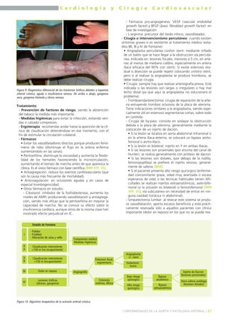 C a r d i o l o g í a y C i r u g í a C a r d i o v a s c u l a r 
Tratamiento 
- Prevención de factores de riesgo, siendo la abstención 
del tabaco la medida más importante. 
- Medidas higiénicas para evitar la infección, evitando ven-das 
o calzado compresivo. 
- Ergoterapia: recomendar andar hasta la aparición de la clí-nica 
de claudicación deteniéndose en ese momento, con el 
fin de estimular la circulación colateral. 
- Fármacos: 
• Evitar los vasodilatadores directos porque producen fenó-meno 
de robo (disminuye el flujo en la arteria enferma 
aumentándolo en las sanas). 
• Pentoxifilina: disminuye la viscosidad y aumenta la flexibi-lidad 
de los hematíes favoreciendo la microcirculación, 
aumentando el tiempo de marcha antes de que aparezca la 
clínica. Es el único fármaco con base científica (MIR 97F, 55). 
• Antiagregación: reduce los eventos cardiovasculares (que 
son la causa más frecuente de mortalidad). 
• Anticoagulación: en oclusiones agudas y en casos de 
especial trombogenicidad. 
• Otros fármacos en estudio: 
- Cilostazol: inhibidor de la fosfodiesterasa, aumenta los 
niveles de AMPc produciendo vasodilatación y antiagrega-ción, 
siendo más eficaz que la pentoxifilina en mejorar la 
capacidad de marcha. No se conoce su efecto sobre la 
insuficiencia cardíaca, aunque otros de la misma clase han 
mostrado efecto perjudicial en IC. 
- Fármacos pro-angiogénesis: VEGF (vascular endotelial 
growth factor) y BFGF (basic fibroblast growth factor): en 
fase de investigación 
- L-arginina: precursor del óxido nítrico, vasodilatador. 
- Cirugía o intervencionismo percutáneo: cuando existen 
síntomas graves o es resistente al tratamiento médico (esta-dios 
IIB, III y IV de Fontaine). 
• Angioplastia percutánea con/sin stent: mediante inflado 
de un balón que se hace llegar a la obstrucción vía percutá-nea. 
Indicada en: lesiones focales, menores a 5 cm, en arte-rias 
al menos de mediano calibre, especialmente en arteria 
ilíaca (eficacia del 90% con stent). Si existe estenosis resi-dual 
o disección se puede repetir colocando un/otro stent, 
pero si al realizar la angioplastia se produce trombosis, se 
debe realizar cirugía. 
• Cirugía: siempre hay que realizar arteriografía previa. Está 
indicada si las lesiones son largas o irregulares o hay mal 
lecho distal (ya que aquí la angioplastia no solucionará el 
problema). 
- Tromboendarterectomía: cirugía de reparación de la arte-ria 
extrayendo trombos oclusivos de la placa de ateroma. 
Tiene indicaciones similares a la angioplastia, siendo espe-cialmente 
útil en estenosis segmentarias cortas, sobre todo 
en carótida. 
- Cirugía de by-pass: consiste en soslayar la obstrucción 
debida a la placa de ateroma, generalmente mediante la 
colocación de un injerto de dacron. 
• Si la lesión se localiza en aorta abdominal infrarrenal o 
en la arteria ilíaca externa, se colocará un bypass aorto-femoral 
o aorto-ilíaco. 
• Si la lesión es bilateral: injerto en Y en ambas ilíacas. 
• Si las lesiones son proximales (por encima del canal de 
Hunter), se realiza generalmente con prótesis de dacron 
• Si las lesiones son distales, (por debajo de la rodilla, 
femoropoplítea) se prefiere el injerto venoso, general-mente 
de safena (MIR). 
• Si el paciente presenta alto riesgo quirúrgico (enferme-dad 
concomitante grave, edad muy avanzada o escasa 
esperanza de vida) o las técnicas habituales tienen difi-cultades 
se realizan injertos extraanatómicos, axilo-bife-moral 
(si la oclusión es bilateral) o femorofemoral (MIR 
99F, 65), vía subcutánea sin necesidad de entrar en nin-guna 
cavidad (torácica ni abdominal). 
- Simpatectomía lumbar: al resecar este sistema se produ-ce 
vasodilatación; aporta escasos beneficios y está prácti-camente 
reservada sólo a aquellos pacientes con clínica 
importante (dolor en reposo) en los que no se puede rea- 
Injerto de Dacron 
(lesiones proximales) 
Angioplastia 
+/- stent 
Endarterec-tomía 
Bajo riesgo 
quirúrgico 
Bypass 
anatómico 
] ENFERMEDADES DE LA AORTA Y PATOLOGÍA ARTERIAL [ 47 
Figura 9. Diagnóstico diferencial de los trastornos tróficos debidos a isquemia 
arterial crónica, aguda o insuficiencia venosa. De arriba a abajo, gangrena 
seca, gangrena húmeda y úlcera venosa. 
Estadio de Fontaine 
- Palidez 
- Frialdad 
- Alteración de uñas y vello 
Claudicación intermitente 
>150 m (no incapacitante) 
Claudicación intermitente 
<150 m (incapacitante) 
Dolor en reposo 
Lesiones tróficas 
(úlceras, gangrena) 
Tratamiento médico 
Medidas higiénicas 
Vena safena autóloga 
(lesiones distales) 
Angiografía 
Estenosis focal, 
segmentaria 
Estenosis 
extensa, difusa 
Alto riesgo 
quirúrgico 
Bypass 
extraanatómico 
I 
II 
A 
II 
B 
III 
IV 
Figura 10. Algoritmo terapéutico de la oclusión arterial crónica. 
 