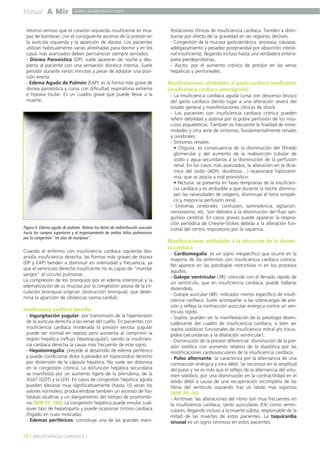 Manual A Mir www.academiamir.com 
retorno venoso que el corazón izquierdo insuficiente es inca-paz 
de bombear, con el consiguiente ascenso de la presión en 
la aurícula izquierda y la aparición de disnea. Los pacientes 
utilizan habitualmente varias almohadas para dormir y en los 
casos más avanzados deben permanecer siempre sentados. 
- Disnea Paroxística (DP): suele aparecer de noche y des-pierta 
al paciente con una sensación disneica intensa. Suele 
persistir durante varios minutos a pesar de adoptar una posi-ción 
erecta. 
- Edema Agudo de Pulmón (EAP): es la forma más grave de 
disnea paroxística y cursa con dificultad respiratoria extrema 
e hipoxia tisular. Es un cuadro grave que puede llevar a la 
muerte. 
Figura 4. Edema agudo de pulmón. Nótese los datos de redistribución vascular 
hacia los campos superiores y el engrosamiento de ambos hilios pulmonares 
por la congestión "en alas de mariposa". 
Cuando el enfermo con insuficiencia cardíaca izquierda des-arrolla 
insuficiencia derecha, las formas más graves de disnea 
(DP y EAP) tienden a disminuir en intensidad y frecuencia, ya 
que el ventrículo derecho insuficiente no es capaz de "mandar 
sangre" al circuito pulmonar. 
La compresión de los bronquios por el edema intersticial y la 
edematización de su mucosa por la congestión pasiva de la cir-culación 
bronquial originan obstrucción bronquial, que deter-mina 
la aparición de sibilancias (asma cardial). 
Insuficiencia cardíaca derecha 
- Ingurgitación yugular: por transmisión de la hipertensión 
de la aurícula derecha a las venas del cuello. En pacientes con 
insuficiencia cardíaca moderada la presión venosa yugular 
puede ser normal en reposo pero aumenta al comprimir la 
región hepática (reflujo hepatoyugular), siendo la insuficien-cia 
cardíaca derecha la causa más frecuente de este signo. 
- Hepatomegalia: precede al desarrollo de edema periférico 
y puede condicionar dolor o pesadez en hipocondrio derecho 
por distensión de la cápsula hepática. No suele ser dolorosa 
en la congestión crónica. La disfunción hepática secundaria 
se manifiesta por un aumento ligero de la bilirrubina, de la 
ASAT (GOT) y la LDH. En casos de congestión hepática aguda 
pueden elevarse muy significativamente (hasta 10 veces los 
valores normales), produciéndose también un ascenso de fos-fatasas 
alcalinas y un alargamiento del tiempo de protrombi-na 
(MIR 97, 188). La congestión hepática puede emular cual-quier 
tipo de hepatopatía y puede ocasionar cirrosis cardíaca 
(hígado en nuez moscada). 
- Edemas periféricos: constituye una de las grandes mani-festaciones 
clínicas de insuficiencia cardíaca. Tienden a distri-buirse 
por efecto de la gravedad en las regiones declives. 
- Congestión de la mucosa gastroentérica: anorexia, náuseas, 
adelgazamiento y pesadez postprandial por absorción intesti-nal 
insuficiente, llegando incluso hasta una verdadera entero-patía 
pierdeproteínas. 
- Ascitis: por el aumento crónico de presión en las venas 
hepáticas y peritoneales. 
Manifestaciones atribuibles al gasto cardíaco insuficiente 
(insuficiencia cardíaca anterógrada) 
- La insuficiencia cardíaca aguda cursa con descenso brusco 
del gasto cardíaco dando lugar a una alteración severa del 
estado general y manifestaciones clínicas de shock. 
- Los pacientes con insuficiencia cardíaca crónica pueden 
referir debilidad y astenia por la pobre perfusión de los mús-culos 
esqueléticos. También es frecuente la frialdad de extre-midades 
y otra serie de síntomas, fundamentalmente renales 
y cerebrales: 
- Síntomas renales: 
• Oliguria: es consecuencia de la disminución del filtrado 
glomerular y del aumento de la reabsorción tubular de 
sodio y agua secundarios a la disminución de la perfusión 
renal. En los casos más avanzados, la alteración en la diná-mica 
del sodio (ADH, diuréticos…) ocasionará hiponatre-mia, 
que se asocia a mal pronóstico. 
• Nicturia: se presenta en fases tempranas de la insuficien-cia 
cardíaca y es atribuible a que durante la noche disminu-yen 
las necesidades de oxígeno, disminuye el tono simpáti-co 
y mejora la perfusión renal. 
- Síntomas cerebrales: confusión, somnolencia, agitación, 
nerviosismo, etc. Son debidos a la disminución del flujo san-guíneo 
cerebral. En casos graves puede aparecer la respira-ción 
periódica de Cheyne-Stokes debida a la alteración fun-cional 
del centro respiratorio por la isquemia. 
Manifestaciones atribuibles a la alteración de la dinámi-ca 
cardíaca 
- Cardiomegalia: es un signo inespecífico que ocurre en la 
mayoría de los enfermos con insuficiencia cardíaca crónica. 
No aparece en las patologías restrictivas ni en los procesos 
agudos. 
- Galope ventricular (3R): coincide con el llenado rápido de 
un ventrículo, que en insuficiencia cardíaca, puede hallarse 
distendido. 
- Galope auricular (4R): indicador menos específico de insufi-ciencia 
cardíaca. Suele acompañar a las sobrecargas de pre-sión 
y refleja la contracción auricular enérgica contra un ven-trículo 
rígido. 
- Soplos: pueden ser la manifestación de la patología desen-cadenante 
del cuadro de insuficiencia cardíaca, o bien ser 
soplos sistólicos funcionales de insuficiencia mitral y/o tricus-pídea 
(secundarias a la dilatación ventricular). 
- Disminución de la presión diferencial: disminución de la pre-sión 
sistólica con aumento relativo de la diastólica por las 
modificaciones cardiovasculares de la insuficiencia cardíaca. 
- Pulso alternante: se caracteriza por la alternancia de una 
contracción enérgica y otra débil. Se reconoce en la amplitud 
del pulso y no es más que el reflejo de la alternancia del volu-men 
sistólico, por una disminución en la contractilidad en el 
latido débil a causa de una recuperación incompleta de las 
fibras del ventículo izquierdo tras un latido más vigoroso 
(MIR 99, 26). 
- Arritmias: las alteraciones del ritmo son muy frecuentes en 
la insuficiencia cardíaca, tanto auriculares (FA) como ventri-culares, 
llegando incluso a la muerte súbita, responsable de la 
mitad de las muertes de estos pacientes. La taquicardia 
sinusal es un signo ominoso en estos pacientes. 
76 ] INSUFICIENCIA CARDÍACA [ 
 