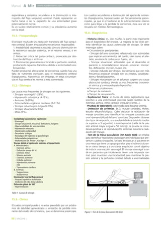 Manual A Mir 
espontánea y completa, secundaria a la disminución o inte-rrupción 
del flujo sanguíneo cerebral. Puede representar un 
hecho banal o ser la expresión de una enfermedad grave 
potencialmente mortal. 
Es un suceso relativamente común y su prevalencia aumenta 
con la edad. 
15.1.- Fisiopatología 
El síncope resulta de una reducción transitoria del flujo sanguí-neo 
cerebral. Existen tres posibles mecanismos responsables: 
1. Inestabilidad vasomotora asociada con una disminución en 
la resistencia vascular sistémica, en el retorno venoso, o en 
ambos. 
2. Reducción crítica del gasto cardíaco, provocado por obs-trucción 
del flujo o arritmias. 
3. Disminución generalizada o focal de la perfusión cerebral, 
produciendo isquemia transitoria debida a enfermedad cere-brovascular. 
Pueden producirse alteraciones de conciencia cuando hay una 
falta de nutrientes esenciales para el metabolismo cerebral 
(hipoglucemia, hipoxemia); sin embargo, en estas circunstan-cias 
el flujo cerebral es normal o está aumentado. 
15.2.- Etiología 
Las causas más frecuentes de síncope son las siguientes: 
- Síncope vasovagal (1-29%). 
- Hipotensión ortostática (4-12%). 
- Arritmias (5-30%). 
- Enfermedades orgánicas cardíacas (3-11%). 
- Síncope inducido por drogas (2-9%). 
- Síncope situacional (2-8%). 
- Otras (5%). 
15.3.- Clínica 
El cuadro sincopal puede o no estar precedido por un pródro-mos 
de debilidad generalizada y sensación de pérdida inmi-nente 
del estado de conciencia, que se denomina presíncope. 
Los cuadros secundarios a disminución del aporte de nutrien-tes 
(hipoglucemia, hipoxia) suelen ser frecuentemente presin-copales, 
ya que si el trastorno es lo suficientemente intenso 
como para llegar a la pérdida de conciencia, ésta rara vez se 
recupera sin medidas farmacológicas. 
15.4.- Diagnóstico 
- Historia clínica: es, con mucho, la parte más importante 
para el diagnóstico del síncope. La mayoría de las veces per-mite 
identificar las causas potenciales de síncope. Se debe 
interrogar sobre: 
• Circunstancias precipitantes: 
- Síncope del seno carotídeo: relacionado con actividades 
que implican estiramientos del cuello, tales como el afei-tado, 
anudarse la corbata con fuerza, etc. 
- Síncope situacional: actividades que al desarrollar el 
paciente o inmediatamente después provocan síncope: 
tos, defecación, micción, buceo, etc. 
- Síncope inducido por drogas: los fármacos que con más 
frecuencia provocan síncope son los nitratos, vasodilata-dores 
y betabloqueantes. 
- Síncope relacionado con el esfuerzo: sugiere una causa 
obstructiva cardíaca, siendo las más frecuentes la esteno-sis 
aórtica y la miocardiopatía hipetrófica. 
• Síntomas prodrómicos. 
• Tiempo de comienzo. 
• Tiempo de recuperación. 
- Exploración física: en busca de datos exploratorios que 
orienten a una enfermedad concreta (soplo sistólico de la 
estenosis aórtica, ritmo cardíaco irregular o lento...). 
- Pruebas de laboratorio: sobre todo para descartar anemia. 
- Detección de arritmias: ECG, masaje carotídeo, Holter, 
estudio electrofisiológico. Cabe destacar la realización de 
masaje carotídeo para identificar los síncopes causados por 
una hipersensibilidad del seno carotídeo. Se pueden obtener 
dos tipos de respuesta, una cardioinhibidora (asistolia cardía-ca 
superior a 3 segundos) o vasodepresora (caída de la pre-sión 
arterial mayor o igual a 50 mmHg). La prueba se consi-derará 
positiva si se reproducen los síntomas durante la reali-zación 
del masaje. 
- Test de la mesa basculante (Tilt table test): se emplea 
para identificar reacciones vasovagales en individuos que pre-sentan 
cuadros sincopales. Se basa en colocar al paciente en 
una mesa que tiene un apoyo para los pies e inclinarla duran-te 
un cierto tiempo y a una cierta angulación con el objetivo 
de inducir una reacción vasovagal. El síncope vasovagal suce-de 
en pacientes que inicialmente tienen una respuesta nor-mal, 
pero muestran una incapacidad para mantener la pre-sión 
arterial y la perfusión cerebral debido a anormalidades 
88 
] SÍNCOPE [ 
www.academiamir.com 
Inestabilidad vasomotora e hipotensión 
- Vasovagal 
- Síncope situacional: miccional, defecatorio, tusígeno 
- Hipersensibilidad del seno carotídeo 
- Hipotensión ortostática 
- Hipotensión postprandial 
- Secundario a drogas 
- Neuralgias del trigémino o glosofaríngeo 
- Enfermedades psiquiátricas 
- Malformación de Arnold-Chiari tipo I 
Síncope debido a hipotensión sistémica o hipoperfusión 
A. Hemodinámico 
- Estenosis aórtica 
- Disfunción severa del VI 
- Estenosis mitral 
- Mixoma auricular 
- Estenosis pulmonar 
- Embolia pulmonar 
- Hipertensión pulmonar 
- IAM 
- Taponamiento cardíaco 
B. Arritmias 
- Taquiarritmias 
- Bradiarritmias 
Disminución focal del flujo cerebral 
- Ataques isquémicos transitorios 
- Síndrome del robo de la subclavia 
Disfunción global del SNC 
- Hiperventilación 
Tabla 1. Causas de síncope. 
Figura 1. Test de la mesa basculante (tilt-test). 
 