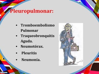 Pleuropulmonar:
• Tromboembolismo
Pulmonar
• Traqueobronquitis
Aguda.
• Neumotórax.
• Pleuritis
• Neumonía.
 