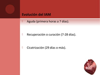 Evolución del IAM
 Aguda (primera horas a 7 días).
 Recuperación o curación (7-28 días).
 Cicatrización (29 días o más).
 