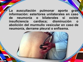 • La auscultación pulmonar aporta gran
información: estertores unilaterales en caso
de neumonía o bilaterales si existe
insuficiencia cardiaca; disminución o
abolición del murmullo vesicular en caso de
neumonía, derrame pleural o enfisema.
 