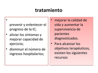 tratamiento
•
prevenir y enlentecer el
progreso de la IC;
• aliviar los síntomas y
mejorar capacidad de
ejercicio;
• disminuir el número de
ingresos hospitalarios;
• mejorar la calidad de
vida y aumentar la
supervivencia de
pacientes
diagnosticados.
• Para alcanzar los
objetivos terapéuticos,
existen los siguientes
recursos
• mejorar la calidad de
vida y aumentar la
supervivencia de
pacientes
diagnosticados.
• Para alcanzar los
objetivos terapéuticos,
existen los siguientes
recursos
 