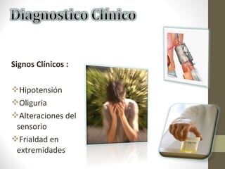 Signos Clínicos :
Hipotensión
Oliguria
Alteraciones del
sensorio
Frialdad en
extremidades
 