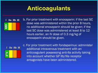 Anticoagulants b. For prior treatment with enoxaparin: if the last SC dose was administered within the prior 8 hours, no additional enoxaparin should be given; if the last SC dose was administered at least 8 to 12 hours earlier, an IV dose of 0.3 mg/kg of enoxaparin should be given.  c. For prior treatment with fondaparinux: administer additional intravenous treatment with an anticoagulant possessing anti-IIa activity taking into account whether GP IIb/IIIa receptor antagonists have been administered.  I I I IIa IIa IIa IIb IIb IIb III III III I I I IIa IIa IIa IIb IIb IIb III III III I I I IIa IIa IIa IIb IIb IIb III III III IIa IIa IIa IIb IIb IIb III III III C I I I IIa IIa IIa IIb IIb IIb III III III I I I IIa IIa IIa IIb IIb IIb III III III I I I IIa IIa IIa IIb IIb IIb III III III IIa IIa IIa IIb IIb IIb III III III B 