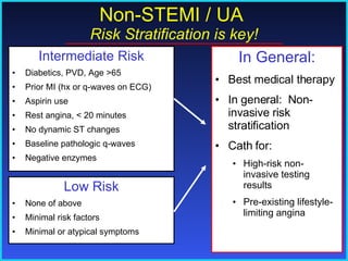 Intermediate Risk Diabetics, PVD, Age >65 Prior MI (hx or q-waves on ECG) Aspirin use Rest angina, < 20 minutes No dynamic ST changes Baseline pathologic q-waves Negative enzymes Low Risk None of above Minimal risk factors Minimal or atypical symptoms In General: Best medical therapy In general:  Non-invasive risk stratification Cath for: High-risk non-invasive testing results  Pre-existing lifestyle-limiting angina Non-STEMI / UA  Risk Stratification is key! 