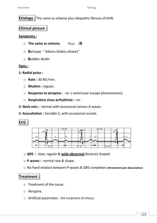 In Capsule Series Cardiology
- 125
-
Etiology : The same as scheme plus idiopathic fibrosis of AVN.
Clinical picture :
Symptoms :
o The same as scheme. Plus 2S
o Syncope “ Adams-Stokes attacks”
o Sudden death.
Signs :
1- Redial pulse :
o Rate : 30-40 /min.
o Rhythm : regular.
o Response to atropine : -ve ( ventricular escape phenomenon).
o Respiratory sinus arrhythmia : -ve .
2- Neck vein : normal with occasional cannon A waves.
3- Auscultation : Variable S1 with occasional sounds.
ECG :
o QRS : slow, regular & wide abnormal (bizarre) shaped.
o P waves : normal rate & shape.
o No fixed relation between P waves & QRS complexes (Atrioventricular dissociation)
Treatment :
o Treatment of the cause.
o Atropine.
o Artificial pacemaker : the treatment of choice.
 