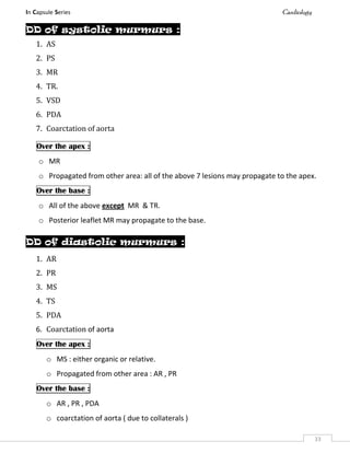 In Capsule Series Cardiology
33
DD of systolic murmurs :
1. AS
2. PS
3. MR
4. TR.
5. VSD
6. PDA
7. Coarctation of aorta
Over the apex :
o MR
o Propagated from other area: all of the above 7 lesions may propagate to the apex.
Over the base :
o All of the above except MR & TR.
o Posterior leaflet MR may propagate to the base.
DD of diastolic murmurs :
1. AR
2. PR
3. MS
4. TS
5. PDA
6. Coarctation of aorta
Over the apex :
o MS : either organic or relative.
o Propagated from other area : AR , PR
Over the base :
o AR , PR , PDA
o coarctation of aorta ( due to collaterals )
 