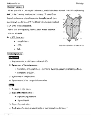 In Capsule Series Cardiology
35
Hemodynamics :
As the pressure in LA is higher than in RA , blood is shunted from LA  RA  RV ( causing
RVE )  PA ( causing its dilatation )  Lung (  blood flow
through pulmonary arterioles causing lung plethora & then
pulmonary hypertension )  The blood from lung comes back
to LA & the cycle is repeated .
- Notice that blood passing from LA to LV will be less than
normal  LCOP.
So, in ASD there are :
 Lung plethora.
 LCOP. Notice that O2 level is high in the RV & PA (N :75%)
 RVE.
Clinical picture :
Symptoms :
1- Asymptomatic in mild cases or in early life.
2- Symptoms of hemodynamics :
 Symptoms of lung plethora : Exertional dyspnea , recurrent chest infection…
 Symptoms of LCOP .
3- Symptoms of complication.
4- Symptoms of other congenital anomalies.
Signs :
1- No signs in mild cases.
2- Signs of hemodynamics :
 Signs of lung plethora.
 Signs of LCOP.
3- Signs of complication.
4- Neck vein : No giant(a) wave inspite of pulmonary hypertension ?
 
