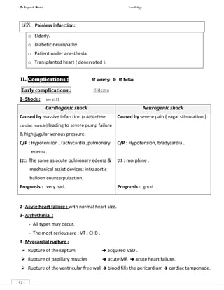 In Capsule Series Cardiology
- 57 -
NB: Painless infarction:
o Elderly.
o Diabetic neuropathy.
o Patient under anesthesia.
o Transplanted heart ( denervated ).
II. Complications : 6 early & 6 late
Early complications : 6 items
1- Shock : see p133
Cardiogenic shock Neurogenic shock
Caused by massive infarction (> 40% of the
cardiac muscle) leading to severe pump failure
& high jugular venous pressure.
C/P : Hypotension , tachycardia ,pulmonary
edema.
ttt: The same as acute pulmonary edema &
mechanical assist devices: intraaortic
balloon counterpulsation.
Prognosis : very bad.
Caused by severe pain ( vagal stimulation ).
C/P : Hypotension, bradycardia .
ttt : morphine .
Prognosis : good .
2- Acute heart failure : with normal heart size.
3- Arrhythmia :
- All types may occur.
- The most serious are : VT , CHB .
4- Myocardial rupture :
 Rupture of the septum  acquired VSD .
 Rupture of papillary muscles  acute MR  acute heart failure.
 Rupture of the ventricular free wall  blood fills the pericardium  cardiac tamponade.
 