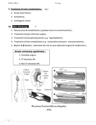 In Capsule Series Cardiology
63
5- Treatment of early complications : e.g. :
 Acute heart failure .
 Arrhythmia.
 Cardiogenic shock.
III. After discharge : 
1. Reassurance & rehabilitation ( gradual return to normal activity ) .
2. Treatment of post infarction angina.
3. Treatment of precipitating factors e.g. hyperlipidemia .
4. Treatment of late complications e.g. myocardial aneurysm : aneurysmectomy .
5. Aspirin & β blockers ( decrease the risk of post infarction angina & reinfarction ).
Acute coronary syndrome :
1- Unstable angina.
2- ST elevation MI.
3- Non ST elevation MI.
Percutaneous Transluminal Coronary Angioplasty
(PTCA)
 