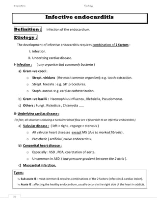 In Capsule Series Cardiology
70
Infective endocarditis
Definition : Infection of the endocardium.
Etiology :
The development of infective endocarditis requires combination of 2 factors :
I. Infection.
II. Underlying cardiac disease.
I- Infection : ( any organism but commonly bacteria )
a) Gram +ve cocci :
o Strept. viridans (the most common organism): e.g. tooth extraction.
o Strept. foecalis : e.g. GIT procedures.
o Staph. aureus :e.g. cardiac catheterization.
b) Gram –ve bacilli : Haemophilus influenza , Klebsiella, Pseudomonas.
c) Others : Fungi , Rickettsia , Chlamydia ……
II- Underlying cardiac disease :
(In fact, all situations inducing a turbulent blood flow are a favorable to an infective endocarditis)
a) Valvular disease : ( left > right , regurge > stenosis )
o All valvular heart diseases except MS (due to marked fibrosis) .
o Prosthetic ( artificial ) valve endocarditis.
b) Congenital heart disease :
o Especially : VSD , PDA, coarctation of aorta.
o Uncommon in ASD ( low pressure gradient between the 2 atria ).
c) Myocardial infarction.
Types:
 Sub acute IE : most common & requires combinations of the 2 factors (infection & cardiac lesion).
 Acute IE : affecting the healthy endocardium ,usually occurs in the right side of the heart in addicts.
 