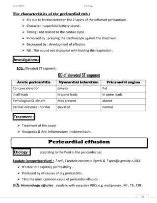 In Capsule Series Cardiology
- 76 -
The characteristics of the pericardial rub :
 It’s due to friction between the 2 layers of the inflamed pericardium .
 Character : superficial lathery sound .
 Timing : not related to the cardiac cycle .
 Increased by : pressing the stethoscope against the chest wall .
 Decreased by : development of effusion .
 NB : This sound not disappear with holding the respiration .
Investigations:
ECG : Elevated ST segment .
DD of elevated ST segment
Acute pericarditis Myocardial infarction Prinzmetal angina
Concave elevation convex flat
In all leads In some leads In some leads
Pathological Q :absent May present absent
Cardiac enzymes : normal elevated normal
Treatment :
 Treatment of the cause
 Analgesics & Anti inflammatory : Indomethacin .
Pericardial effusion
Etiology : according to the fluid in the pericardial sac
Exudate (seropericardium) :  cell , protein content > 3gm% &  specific gravity >1018
 It’s due to  capillary permeability .
 Produced by all causes of dry pericarditis .
 TB is the most common cause of pericardial effusion .
NB : Hemorrhagic effusion : exudate with excessive RBCs e.g. malignancy , MI , TB , CRF.
 