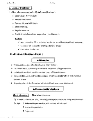InCapsule Series Cardiology
88
A)Lines of treatment :
I – Non pharmacological ( lifestyle modifications ):
o Lose weight if overweight .
o Reduce salt intake .
o Reduce dietary fat intake .
o Stop smoking .
o Regular exercise .
o Avoid stressful condition as possible ( meditation ) .
Value :
 May normalize BP in prehypertension or in mild cases without any drug.
 Facilitate BP control by antihypertensive drugs.
 Control of risk factors .
II - Antihypertensive drugs :
 Types , action , side effects : Refer to heart failure .
 Thiazide is most commonly used in the treatment of hypertension .
 Lasix is not routinely used in a stable cases of hypertension .
 Indapamide ( natrilix ) : thiazide analogue which has dilator effect with minimal
diuretic effect.
 K sparing diuretic is often used with thiazides ( Aldactazide, Moduretic )
Centrally acting : Clonidine (Catapress)
 Action : stimulation of 2 adrenergic receptors witch are sympathoinhibitors .
 S/E :  Rebound hypertension with sudden withdrawal .
 Postrual hypotension .
 Dry mouth .
1. Diuretics
2. Sympathetic blockers
 