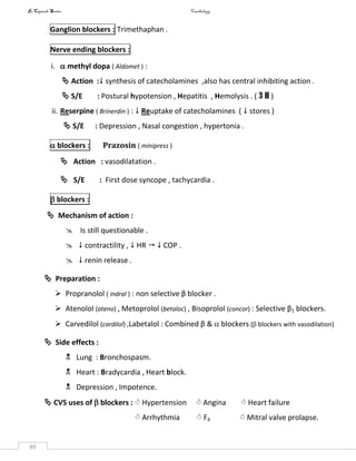 InCapsule Series Cardiology
89
Ganglion blockers : Trimethaphan .
Nerve ending blockers :
i.  methyl dopa ( Aldomet ) :
 Action : synthesis of catecholamines ,also has central inhibiting action .
 S/E : Postural hypotension , Hepatitis , Hemolysis . ( 3 H )
ii. Reserpine ( Brinerdin ) :  Reuptake of catecholamines (  stores )
 S/E : Depression , Nasal congestion , hypertonia .
 blockers : Prazosin ( minipress )
 Action : vasodilatation .
 S/E : First dose syncope , tachycardia .
 blockers :
 Mechanism of action :
 Is still questionable .
  contractility ,  HR   COP .
  renin release .
 Preparation :
 Propranolol ( indral ) : non selective β blocker .
 Atenolol (ateno) , Metoprolol (betaloc) , Bisoprolol (concor) : Selective β1 blockers.
 Carvedilol (cardilol) ,Labetalol : Combined β &  blockers ( blockers with vasodilation)
 Side effects :
 Lung : Bronchospasm.
 Heart : Bradycardia , Heart block.
 Depression , Impotence.
 CVS uses of  blockers :  Hypertension  Angina  Heart failure
 Arrhythmia  F4  Mitral valve prolapse.
 