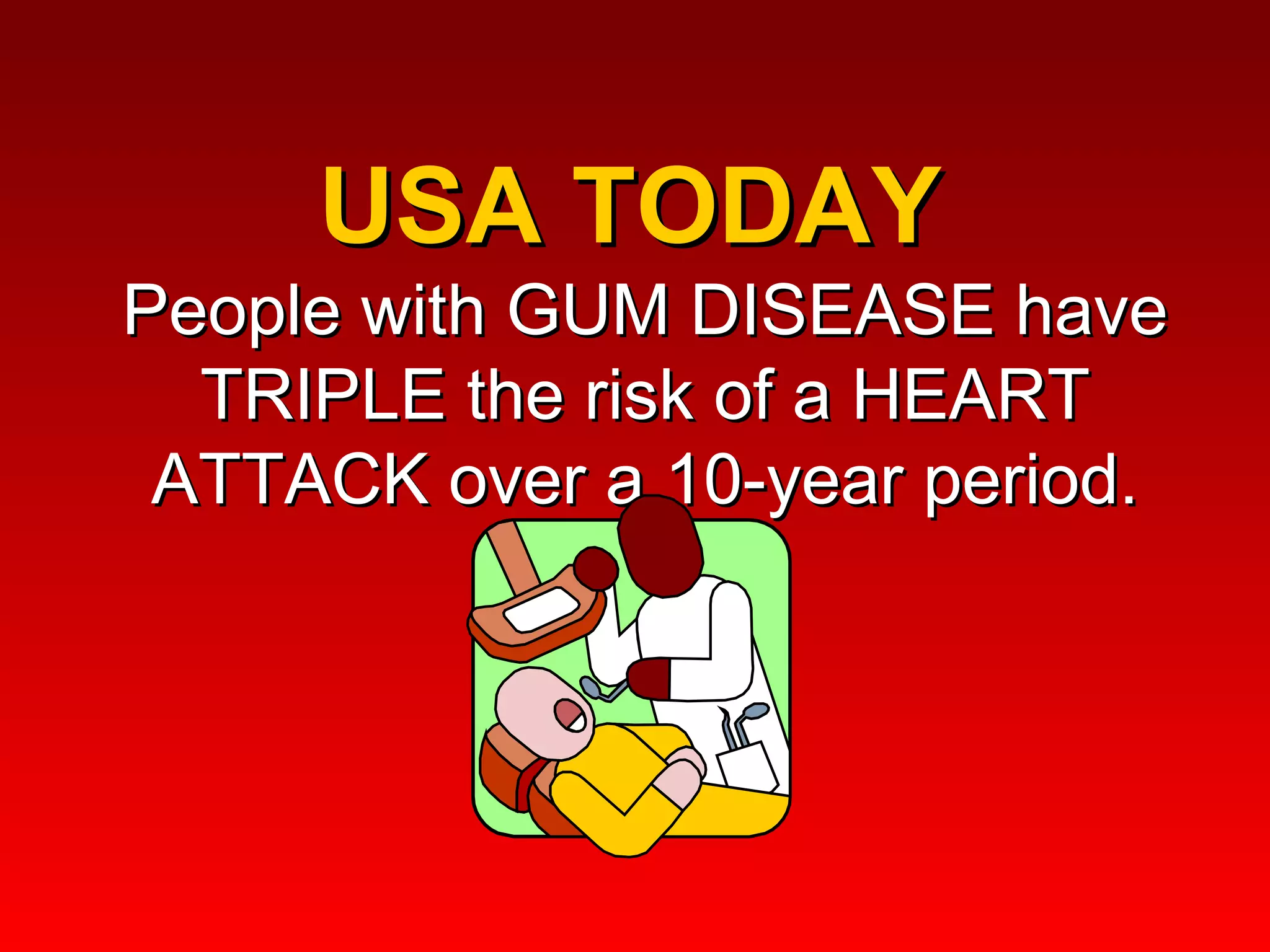 USA TODAY  People with GUM DISEASE have TRIPLE the risk of a HEART ATTACK over a 10-year period. 