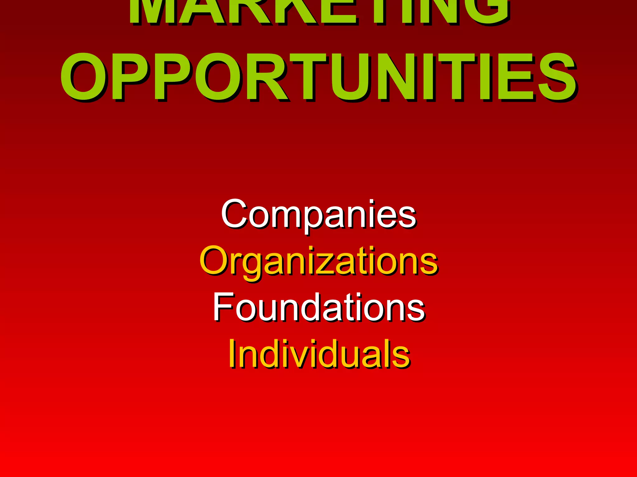 MARKETING OPPORTUNITIES   Companies Organizations Foundations Individuals 
