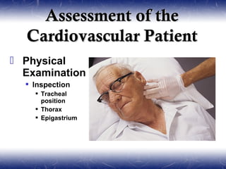 Assessment of the
  Cardiovascular Patient
 Physical
  Examination
   Inspection
     Tracheal
      position
     Thorax
     Epigastrium
 