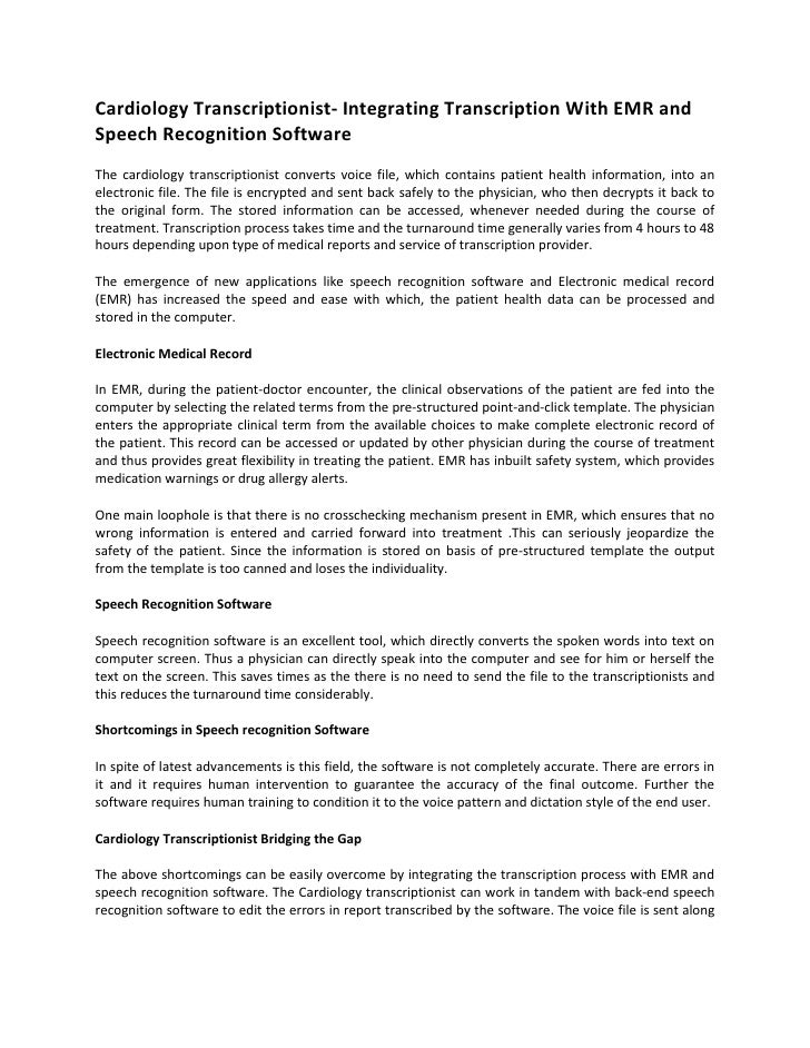 cardiology transcriptionist integrating transcription with emr and s medical records transcriptionist