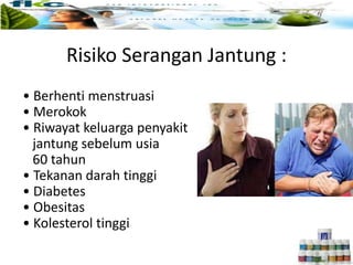 Risiko Serangan Jantung :
• Berhenti menstruasi
• Merokok
• Riwayat keluarga penyakit
jantung sebelum usia
60 tahun
• Tekanan darah tinggi
• Diabetes
• Obesitas
• Kolesterol tinggi
 