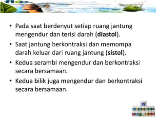 • Pada saat berdenyut setiap ruang jantung
mengendur dan terisi darah (diastol).
• Saat jantung berkontraksi dan memompa
darah keluar dari ruang jantung (sistol).
• Kedua serambi mengendur dan berkontraksi
secara bersamaan.
• Kedua bilik juga mengendur dan berkontraksi
secara bersamaan.
 