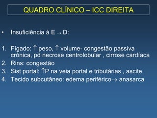 QUADRO CLÍNICO – ICC DIREITA


•   Insuficiência à E  D:

1. Fígado:  peso,  volume- congestão passiva
   crônica, pd necrose centrolobular , cirrose cardíaca
2. Rins: congestão
3. Sist portal: P na veia portal e tributárias , ascite
4. Tecido subcutâneo: edema periférico anasarca
 