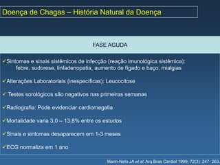 Doença de Chagas – História Natural da Doença



                                    FASE AGUDA

Sintomas e sinais sistêmicos de infecção (reação imunológica sistêmica):
     febre, sudorese, linfadenopatia, aumento de fígado e baço, mialgias

Alterações Laboratoriais (inespecíficas): Leucocitose

 Testes sorológicos são negativos nas primeiras semanas

Radiografia: Pode evidenciar cardiomegalia

Mortalidade varia 3,0 – 13,8% entre os estudos

Sinais e sintomas desaparecem em 1-3 meses

ECG normaliza em 1 ano

                                          Marin-Neto JA et al. Arq Bras Cardiol 1999; 72(3): 247- 263.
 