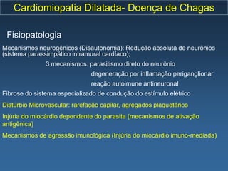 Cardiomiopatia Dilatada- Doença de Chagas

 Fisiopatologia
Mecanismos neurogênicos (Disautonomia): Redução absoluta de neurônios
(sistema parassimpático intramural cardíaco);
               3 mecanismos: parasitismo direto do neurônio
                               degeneração por inflamação periganglionar
                               reação autoimune antineuronal
Fibrose do sistema especializado de condução do estímulo elétrico
Distúrbio Microvascular: rarefação capilar, agregados plaquetários
Injúria do miocárdio dependente do parasita (mecanismos de ativação
antigênica)
Mecanismos de agressão imunológica (Injúria do miocárdio imuno-mediada)
 