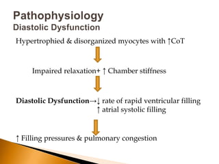 Hypertrophied & disorganized myocytes with ↑CoT



     Impaired relaxation+ ↑ Chamber stiffness



Diastolic Dysfunction→↓ rate of rapid ventricular filling
                      ↑ atrial systolic filling


↑ Filling pressures & pulmonary congestion
 