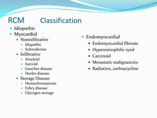RCM              Classification
 Idiopathic
 Myocardial
                               Endomyocardial
    Noninfiltrative
        Idopathic                Endomyocardial fibrosis
        Scleroderma              Hyperesinophilic synd
    Infiltrative                 Carcinoid
        Amyloid
        Sarcoid                  Metastatic malignancies
        Gaucher disease          Radiation, anthracycline
        Hurler disease
    Storage Disease
        Hemochromatosis
        Fabry disease
        Glycogen storage
 