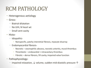 RCM PATHOLOGY
• Heterogenous aetiology
• Gross-
• Biatrial dilatation
• No LVH, N heart wt
• Small vent cavity
• Histo-
• Idiopathic-
• Nonspecific, patchy interstitial fibrosis, myocyte disarray
• Endomyocardial fibrosis-
• Necrotic – eosinophilic abscess, necrotic arteritis, mural thrombus
• Thrombotic – endocardial + intracavitary thrombus
• Fibrotic – dense fibrosis, fill cavity, impaired valve function
• Pathophysiology-
• Impaired relaxation, ↓ volume, sudden mid-diastolic pressure ↑
 