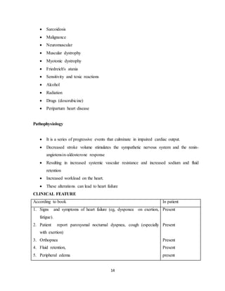 14
 Sarcoidosis
 Malignance
 Neuromuscular
 Muscular dystrophy
 Myotonic dystrophy
 Friedreich's ataxia
 Sensitivity and toxic reactions
 Alcohol
 Radiation
 Drugs (doxorubicine)
 Peripartum heart disease
Pathophysiology
 It is a series of progressive events that culminate in impaired cardiac output.
 Decreased stroke volume stimulates the sympathetic nervous system and the renin-
angiotensin-aldosterone response
 Resulting in increased systemic vascular resistance and increased sodium and fluid
retention
 Increased workload on the heart.
 These alterations can lead to heart failure
CLINICAL FEATURE
According to book In patient
1. Signs and symptoms of heart failure (eg, dysponea on exertion,
fatigue).
2. Patient report paroxysmal nocturnal dyspnea, cough (especially
with exertion)
3. Orthopnea
4. Fluid retention,
5. Peripheral edema
Present
Present
Present
Present
present
 