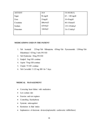 16
AST/GOT
Sugar
Urea
Creatinine
Sodium
Potassium
34.0
96 mg/dl
33mg/dl
184umol/l
137mEq/l
3.8mEq/l
5.0-40.0IU/L
65 – 140 mg/dl
10-45mg/dl
40-110umol/l
135-145mEq/l
3.6-5.5mEq/l
MEDICATIONS USED IN THE PATIENT
1. Tab Isoniazid 225mg+Tab Rifampicine 450mg+Tab Pyrezenamide 1200mg+Tab
Ethambutaol 825mg 3 tabs PO OD
2. Tab Pyridoxine 30mg PO OD
3. Enalpril 5mg OD continue
4. Asprin 75mg OD continue
5. Cloplet 75 OD continue
6. Tab Carvedilol 3.125 mg BD for 7 days
MEDICAL MANAGEMENT
 Correcting heart failure with medication
 Low sodium diet
 Exercise and rest regimen
 Controlling Dysrhythmia
 Systemic anticoagulant
 Restriction in fluid intake
 Implantation of electronic devices(implantable cardioverter defibrillator)
 