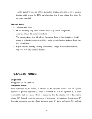 29
 Monitor patient for any sign of liver dysfunction (pruritus, dark urine or stools, anorexia,
jaundice, pain); arrange for LFTs and discontinue drug if tests indicate liver injury. Do
not restart carvedilol.
Teaching points
 Take drug with meals.
 Do not stop taking drug unless instructed to do so by a health care provider.
 Avoid use of over-the-counter medications.
 You may experience these side effects: Depression, dizziness, light-headedness (avoid
driving or performing dangerous activities; getting up and changing positions slowly may
help ease dizziness).
 Report difficulty breathing, swelling of extremities, changes in color of stool or urine,
very slow heart rate, continued dizziness.
6. Enalapril maleate
Drug classes
Antihypertensive, ACE inhibitor
Therapeutic actions
Renin, synthesized by the kidneys, is released into the circulation where it acts on a plasma
precursor to produce angiotensin I, which is converted by ACE to angiotensin II, a potent
vasoconstrictor that also causes release of aldosterone from the adrenals; both of these actions
increase BP. Enalapril blocks the conversion of angiotensin I to angiotensin II, decreasing BP,
decreasing aldosterone secretion, slightly increasing serum K+ levels, and causing Na+ and fluid
 