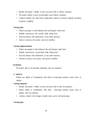 43
• Identify the patient ‘s ability to meet own need with or without assistance .
• The patient unable to meet eat and drinks need without assistance.
• ( Altered nutrition: less than body requirements related to decrease appetite secondary
to disease condition)
Nursing plan
• Patient encourage to take balanced diet and frequent small meal.
• Suitable environment will provide while taking food
• Treat the disease with medications or any other measures.
• Advise to increase the activity and ask to mobilize
Nursing implementation
• Patient encouraged to take balanced diet and frequent small meal..
• Suitable environment was provided while taking food.
• Treat the disease with medications or any other measures.
• Advised to increase the activity and asked to mobilize
Evaluation
My patient able to eat and drink adequately with out assistance.
2. Analysis
Patient was unable to Communicate with others in expressing emotions, needs, fears, or
opinion
Nursing diagnosis
• Identify the patient ‘s ability to meet own need with or with out assistance .
• Patient unable to communicate with other expressing emotion, needs, fears or
opinion with out assistance .
• ( Anxiety related to the change in health status and in role functioning)
Nursing plan
 