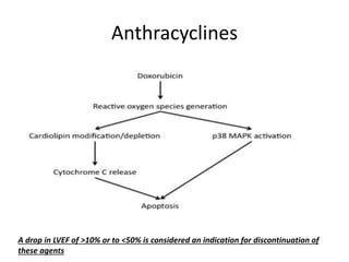 Anthracyclines
A drop in LVEF of >10% or to <50% is considered an indication for discontinuation of
these agents
 