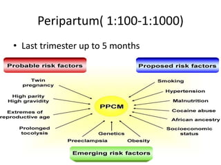 Peripartum( 1:100-1:1000)
• Last trimester up to 5 months
 